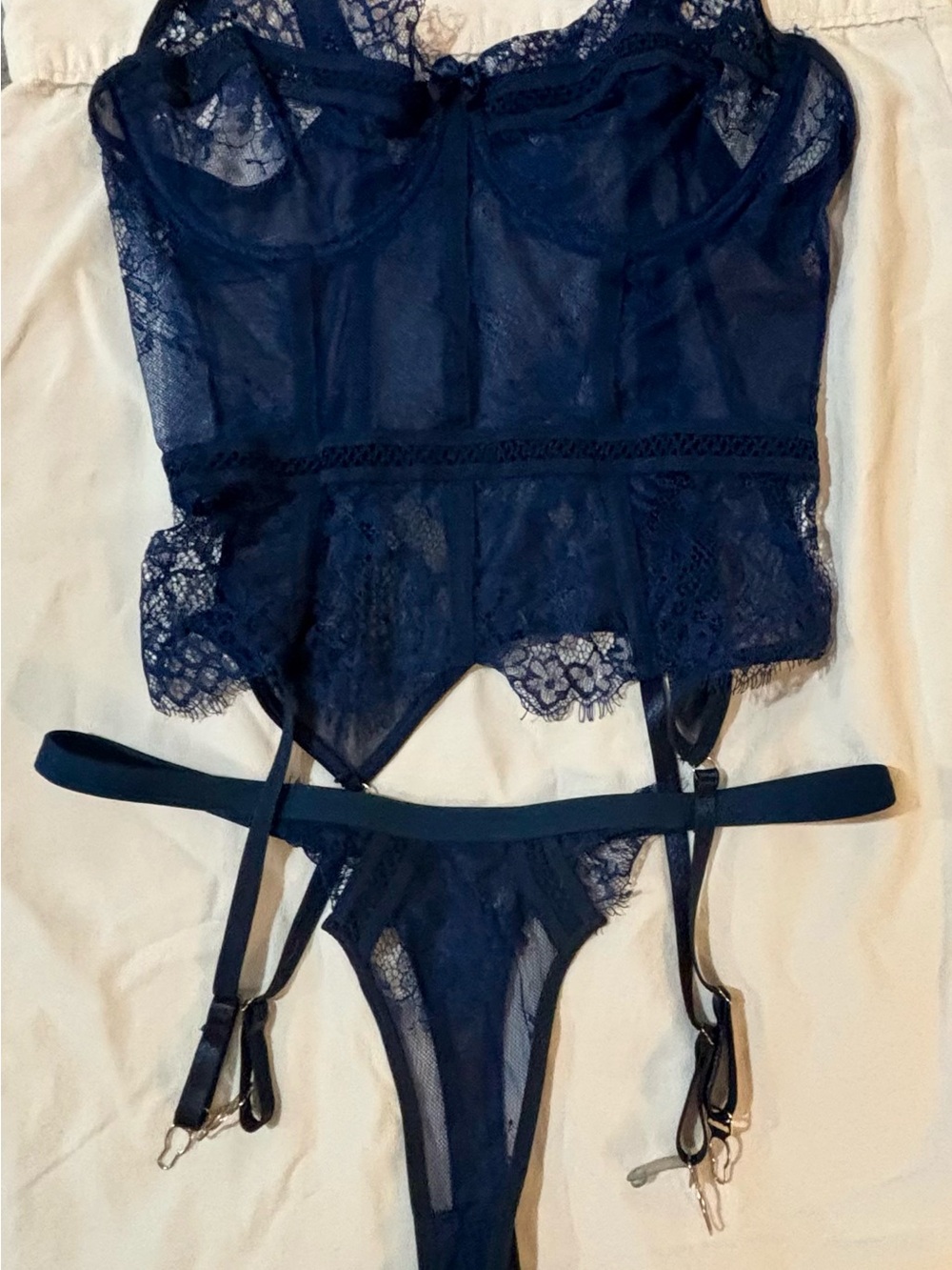 Navy Lace Bustier and Thong Set with Garter Straps